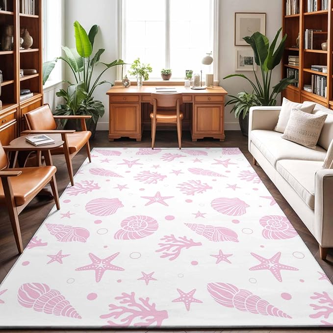 Area Rug 4x6ft, Pink Ocean Shell Conch Coral Starfish Washable Rugs for Living Room Bedroom, Summer Marine Theme Soft Non-Slip Area Rugs Rectangle Floor Carpet for Dining Room
