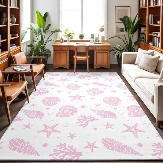 Area Rug 3x5ft, Pink Ocean Shell Conch Coral Starfish Washable Rugs for Living Room Bedroom, Summer Marine Theme Soft Non-Slip Area Rugs Rectangle Floor Carpet for Dining Room