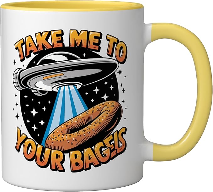 Take Me to Your Bagels UFO Abduction Jewish Funny Bagel Ceramic Mug, Yellow/White