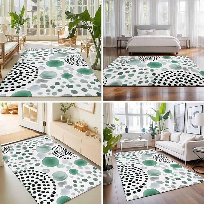 Area Rug 9x12ft, Abstract Teal Circles Washable Rugs for Living Room Bedroom Rectangle Floor Carpet, Sage Green Geometric Round Soft Non-Slip Area Rugs for Dining Room