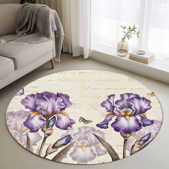 Washable Round Area Rug Pastoral Purple Flower Watercolor Circle Rugs Floor Carpet for Living Room Bedroom, Country Botanical Butterflies Soft Non Slip Round Rug 3ft