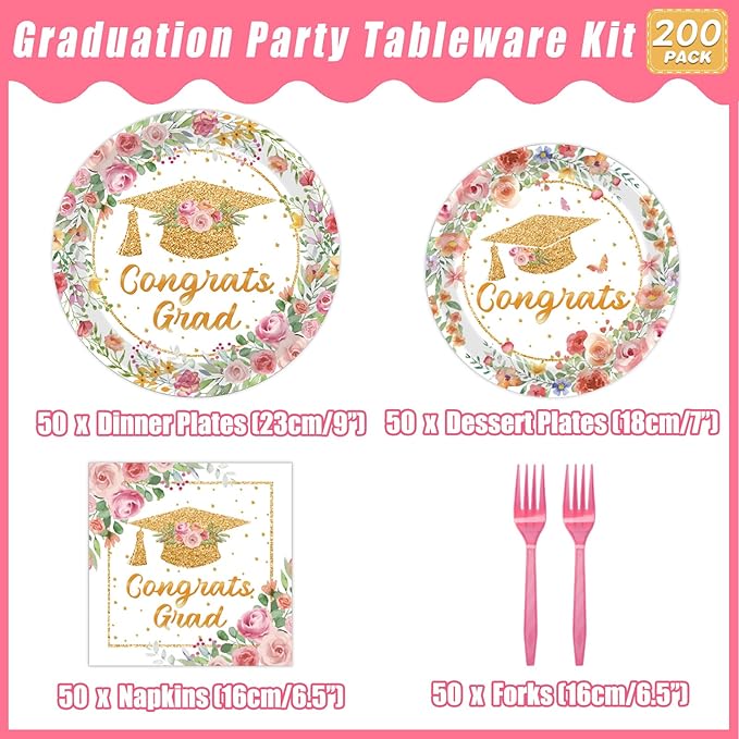 200Pcs Pink Graduation Party Plates, Floral Class of 2026 Congrats Grad Party Decorations Supplies Rose Gold Women Graduation Prom Disposable Tableware Set for College High School, Serves 50