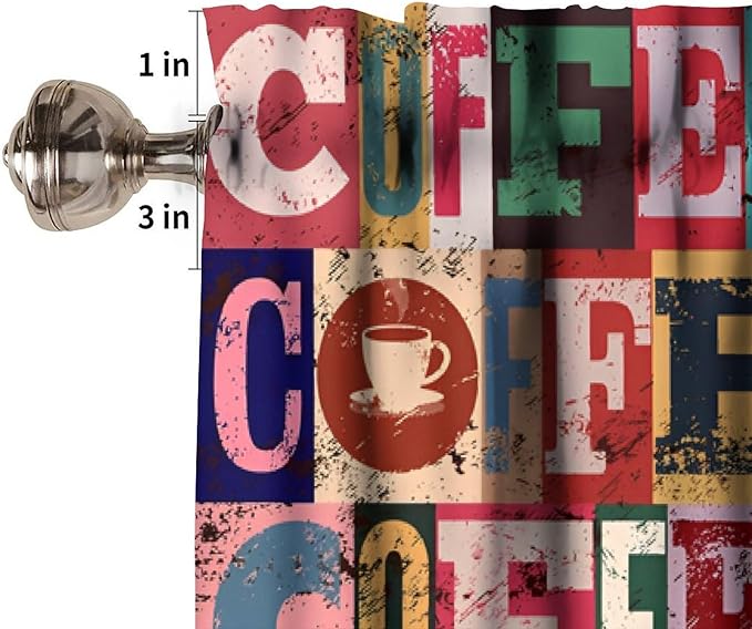 Retro Coffee Window Valance, Vintage Colorful Coffee Rustic Short Window Treatment for Cafe Kitchen Bedroom Living Room, 54x18Inch