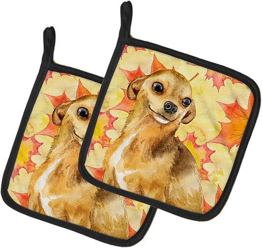 Caroline's Treasures BB9919PTHD Chihuahua Fall Pair of Pot Holders, Yellow Kitchen Heat Resistant Pot Holders Sets Oven Hot Pads for Cooking Baking BBQ, 7 1/2 x 7 1/2
