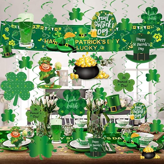 GOER St. Patrick's Day Party Decorations,30 Pcs Irish Shamrock St. Patrick's Day Hanging Swirls Party Supplies