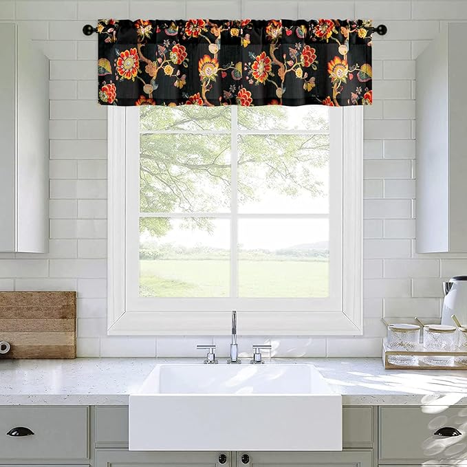Leeva Botanical Valance Curtain for Windows - Light Filtering Linen Textured Drapery with Rod Pocket, Farmhouse & Modern Bedroom/Kitchen Decor, 52" W x 12" L, 1 Panel