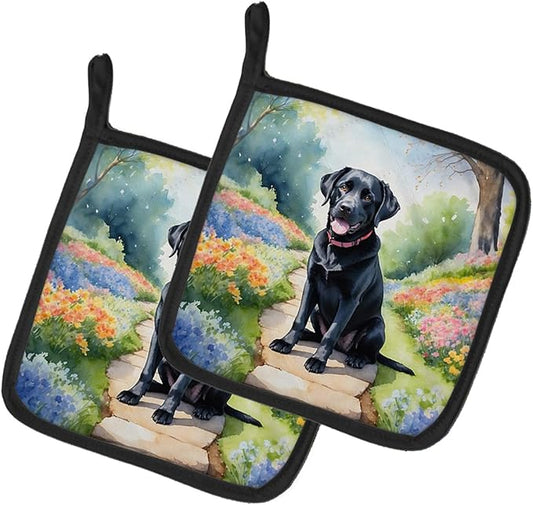 Caroline's Treasures Labrador Retriever Spring Path Pair of Pot Holders Kitchen Heat Resistant Pot Holders Sets Oven Hot Pads for Cooking Baking BBQ, 7 1/2 x 7 1/2