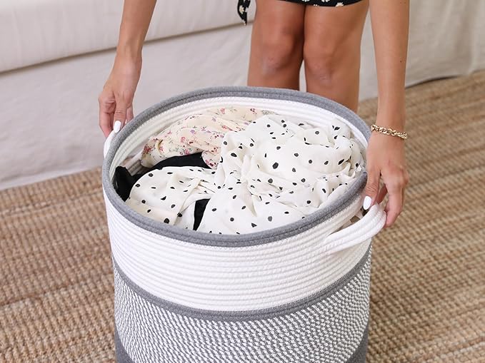 16" x 16" x 18" Extra Large Storage Basket with Lid, Cotton Rope Storage Baskets, Laundry Hamper, Cloth Bin, for Clothes Towels Blankets Pillows Storage in Living Room, White/Grey Mix/Dark Grey