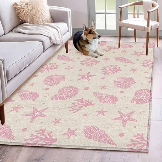 Area Rug 4x6ft, Ocean Pink Shell Coral Conch Washable Rugs for Living Room Bedroom, Marine Starfish on Farm Burlap Soft Non-Slip Area Rugs Rectangle Floor Carpet for Dining Room