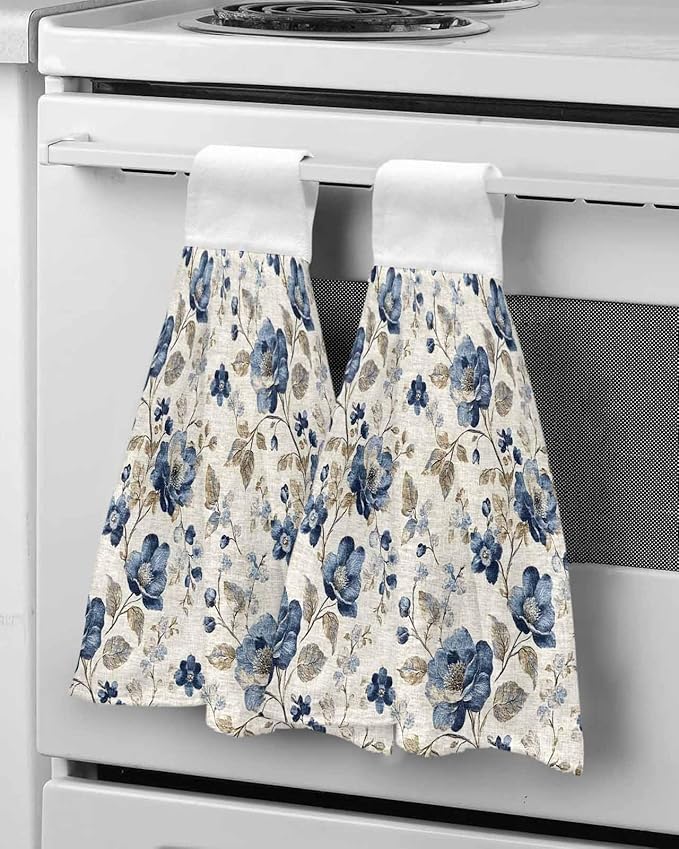 Alandar Home Kitchen Tie Towel Set of 2, Vintage Blue Blossom Flower Art Absorbent Soft Hand Towels for Bathroom Hanging Towels, Floral Leaves on Burlap Fast Drying Cleaning Cloth with Loop