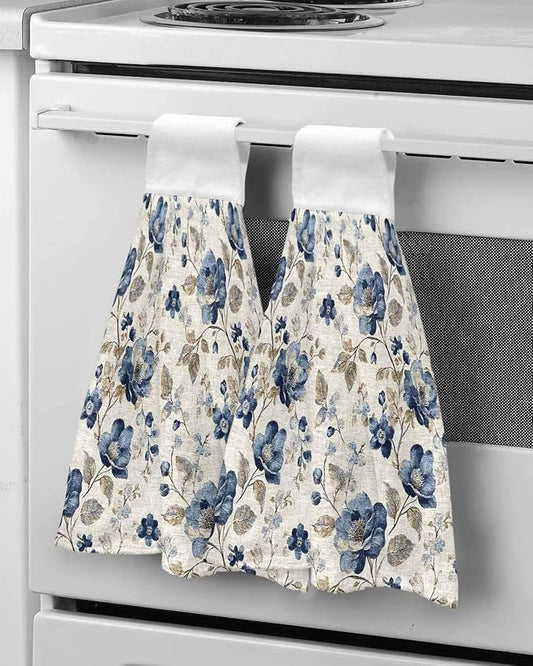 Alandar Home Kitchen Tie Towel Set of 2, Vintage Blue Blossom Flower Art Absorbent Soft Hand Towels for Bathroom Hanging Towels, Floral Leaves on Burlap Fast Drying Cleaning Cloth with Loop