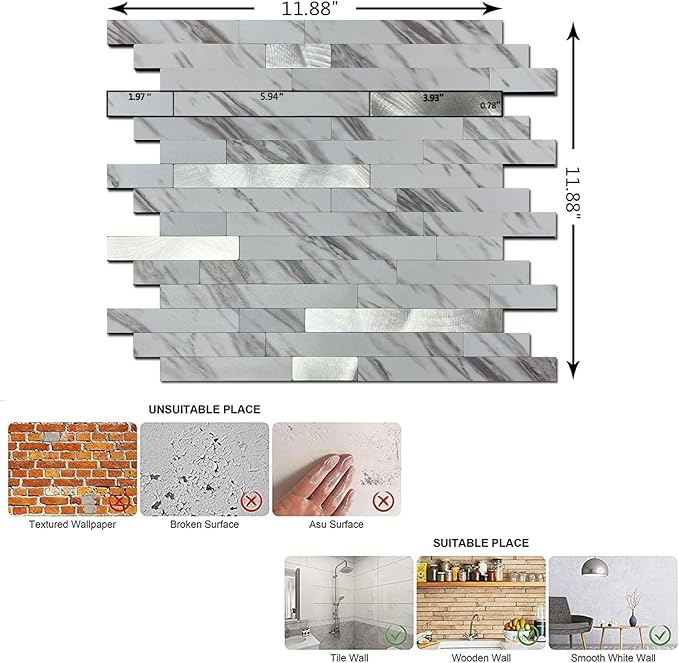 10-Sheet Peel and Stick Backsplash Tile, PVC Mixed Meta,l Stick on Kitchen, Bathroom Vanities, Fireplace Décor, Laundry Table(11.2" X 12.7") (10, White Marble + Silver)