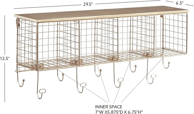 Linon Lanette Gold Metal Four Cubby Wall Shelf with Wood Shelf and Four Hooks