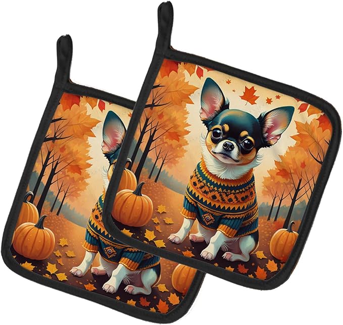 Caroline's Treasures DAC1035PTHD Tricolor Chihuahua Fall Pair of Pot Holders Kitchen Heat Resistant Pot Holders Sets Oven Hot Pads for Cooking Baking BBQ, 7 1/2 x 7 1/2