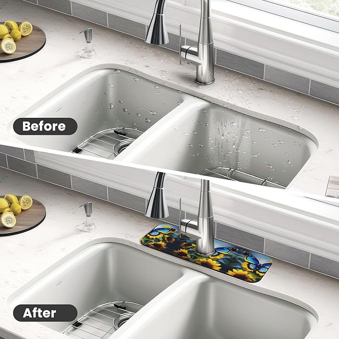 Sunflower Blue Butterfly Printed Faucet Absorbent mat, Suitable for bathrooms, Kitchens, and Other Sink Areas.