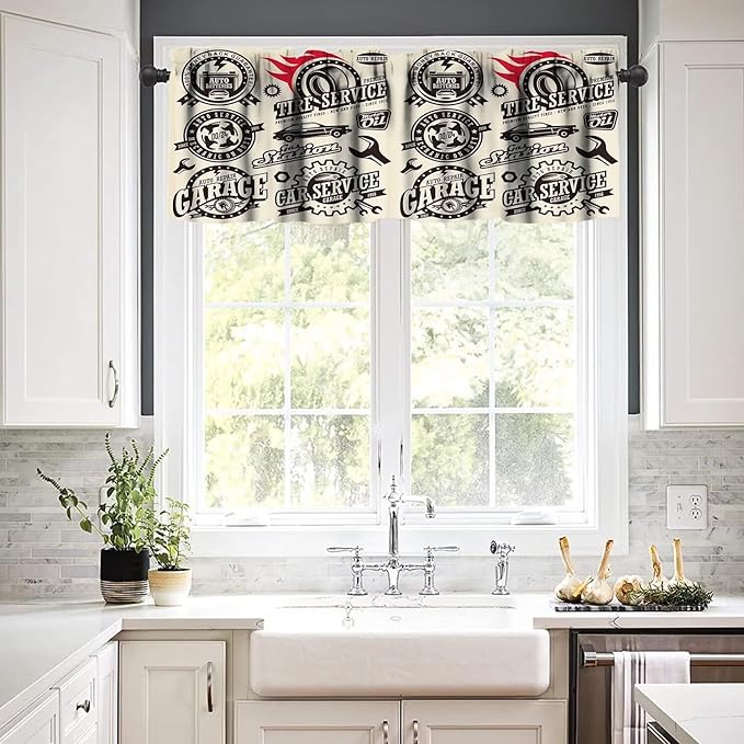 Retro Man Valances Curtains Car Repair Shop Logos Monochrome Car Silhouettes Best Garage, Windows Short Curtain Valance for Kitchen Bedroom Bathroom Decor with Rod Pocket, One Panel 54X18 Inches