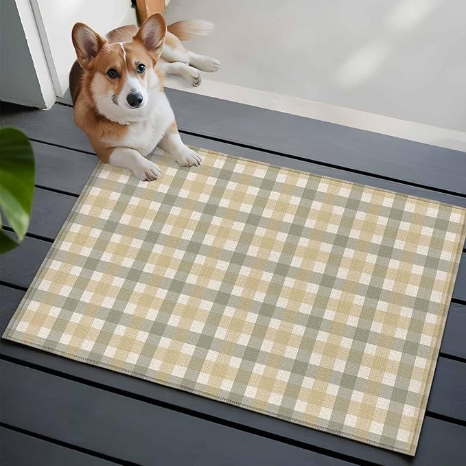 Area Rug 2x3ft, Farmhouse Vintage Beige Tan Buffalo Plaid Washable Rugs for Living Room Bedroom, Rustic Linen Soft Non-Slip Area Rugs Rectangle Floor Carpet for Dining Room