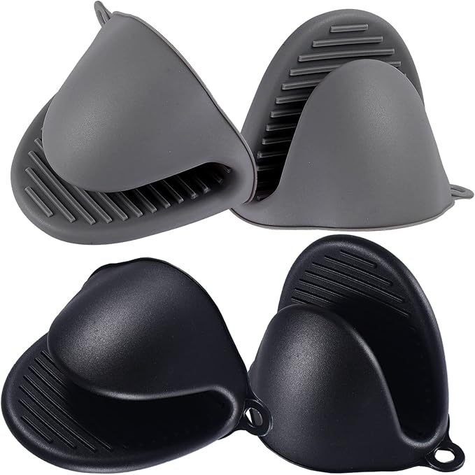 2 Pairs Mini Oven Gloves Silicone Heat Resistant Cooking Pinch Mitts Potholder for Kitchen Cooking & Baking (Black and Grey)