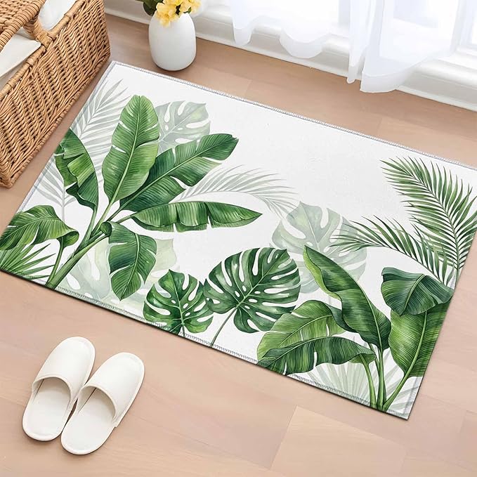 Area Rug 2x3ft, Watercolor Green Tropical Leaves Washable Rugs for Living Room Bedroom, Botanical Palm Leaf Plants Soft Non-Slip Area Rugs Rectangle Floor Carpet for Dining Room