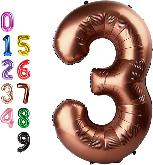 40 Inch Numbesr 3 Balloon, Three Coffee Brown Happy Birthday Balloons for Girls Boys Babies, Number Balloons for 3 13 23 30 Wedding Bridal Shower Anniversaries Party