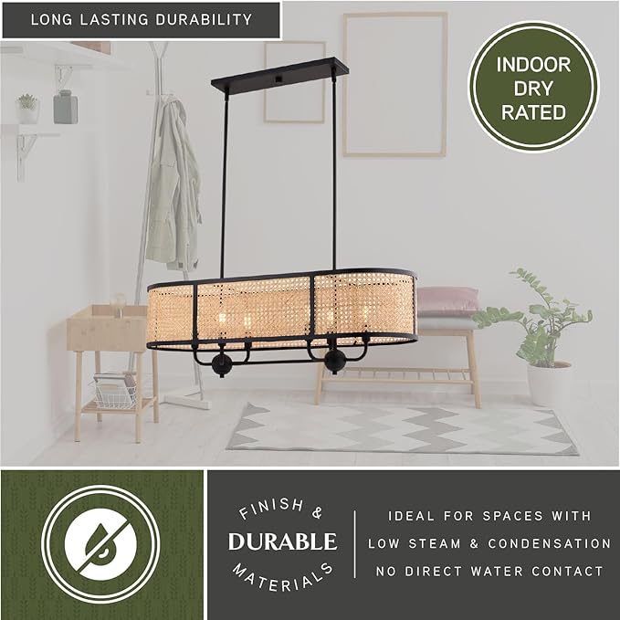 VAXCEL Berens 6L Linear Chandelier Island Pendant Fixture with Rattan Shade, Farmhouse Style Mounted Ceiling Lighting, Matte Black Finish
