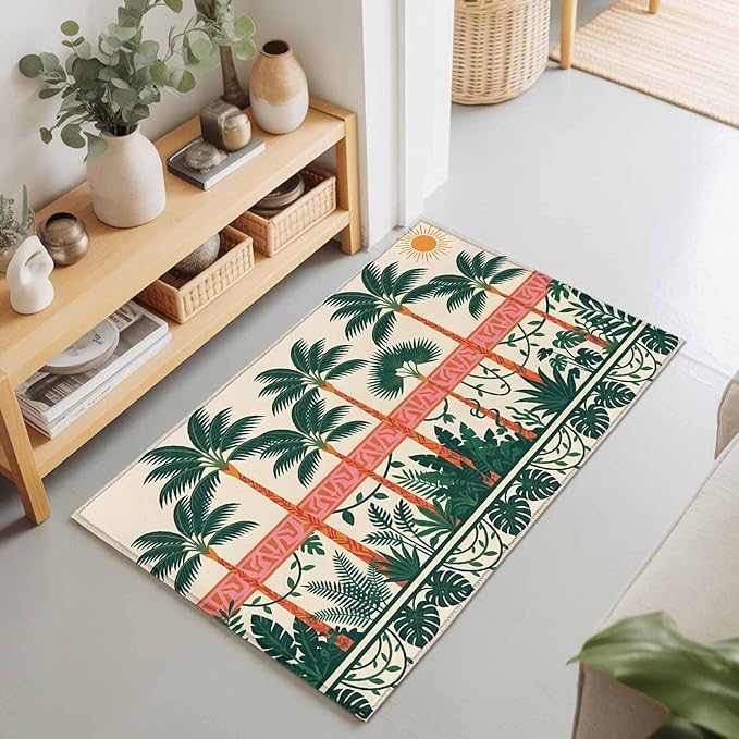 Area Rug 2x3ft, Vintage Sage Green Tall Palm Trees Washable Rugs for Living Room Bedroom, Summer Tropical Plants Soft Non-Slip Area Rugs Rectangle Floor Carpet for Dining Room