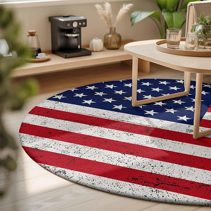 Washable Round Area Rug Independence Day Stars Stripes Retro Circle Rugs Floor Carpet for Living Room Bedroom, Patriotic Flag Red Blue Soft Non Slip Round Rug 3ft