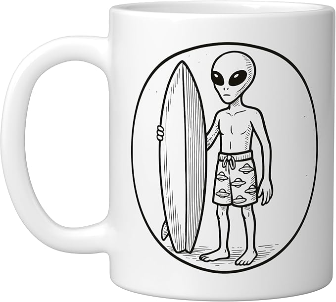 Alien with Surfboard Ceramic Mug, White