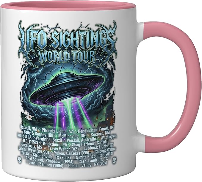 Vintage UFO Sightings World-Tour Cool-Looking Heavy-Metal Ceramic Mug, Pink/White