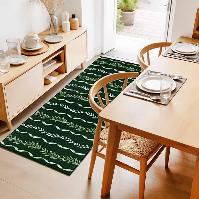 Runner Rug for Bedroom Hallway, Botanical Leaves Green Ribbons Kitchen Runner Rugs Area Rug 2x6ft, Summer Foliage Plant Washable Soft Floor Carpet for Entryway Stair