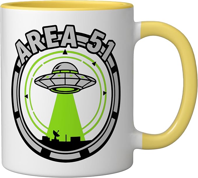 Area 51 UFO Alien Conspiracy Flying Saucer Design Ceramic Mug, Yellow/White