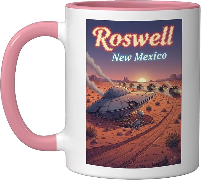 Roswell New Mexico UFO Crash in the Desert Alien Souvenir Ceramic Mug, Pink/White