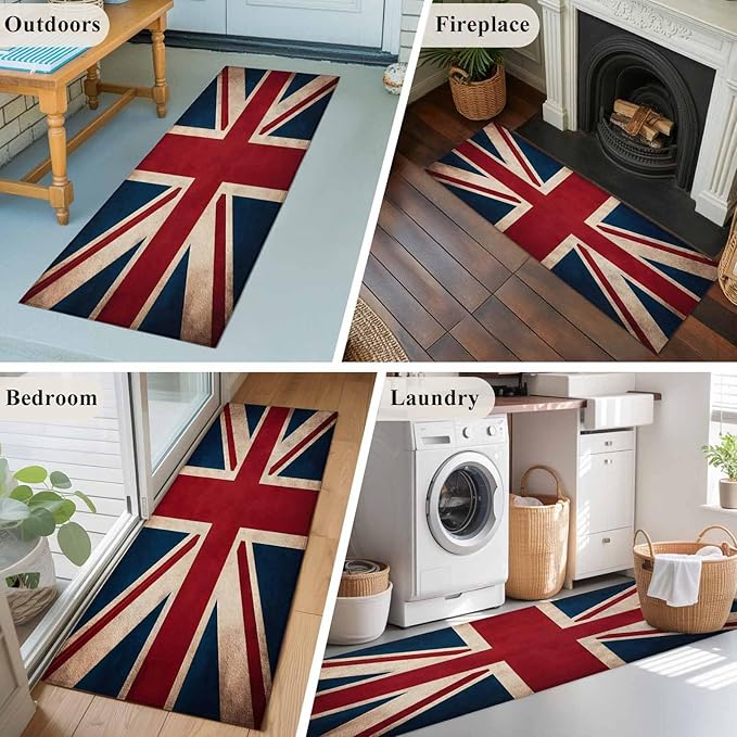 Runner Rug for Bedroom Hallway, Vintage Union Jack Flag Kitchen Runner Rugs Area Rug 2x6ft, Reerto Flags of The United Kingdom Washable Soft Floor Carpet for Entryway Stair