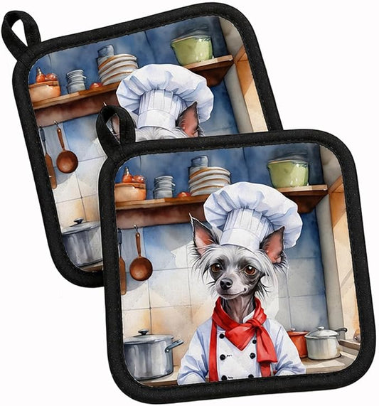 Caroline's Treasures Chinese Crested The Chef Pair of Pot Holders Kitchen Heat Resistant Pot Holders Sets Oven Hot Pads for Cooking Baking BBQ, 7 1/2 x 7 1/2