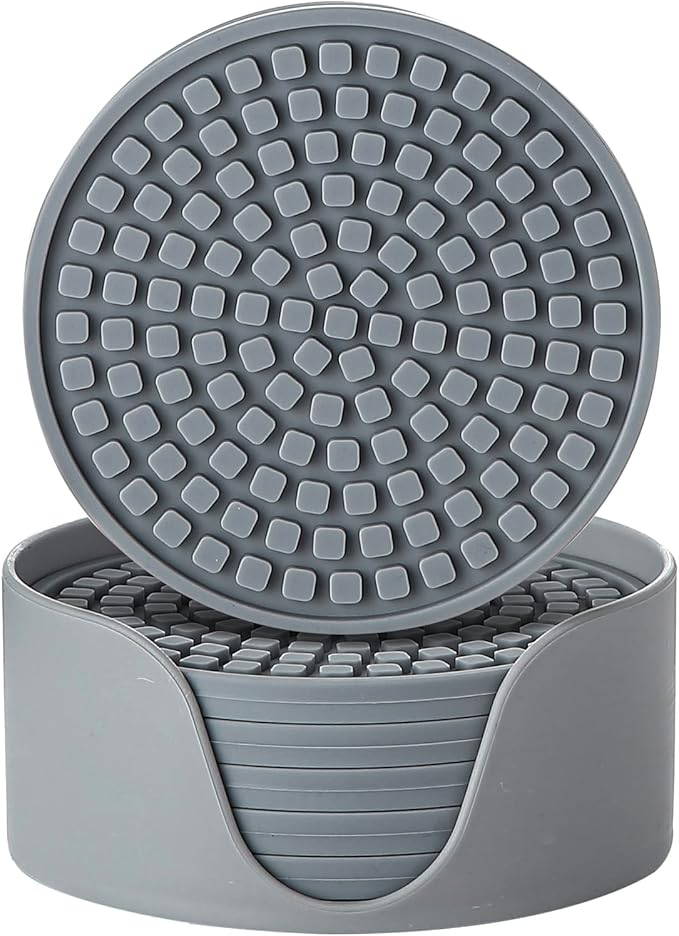 Colinda Silicone Drink Coasters with Holder, Set of 6, Outdoor Cup Mat for Hot or Cold Drinks, Thickened, Non-Slip,Non-Stick, Cool Grey