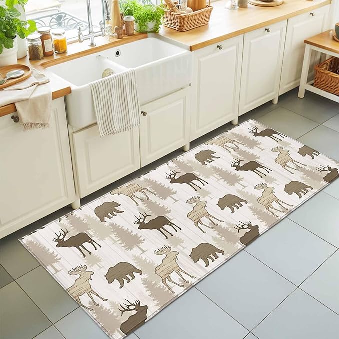Runner Rug for Bedroom Hallway, Animal Moose Bears Kitchen Runner Rugs Area Rug 2x6ft, Retro Rustic Pine Trees Washable Soft Floor Carpet for Entryway Stair
