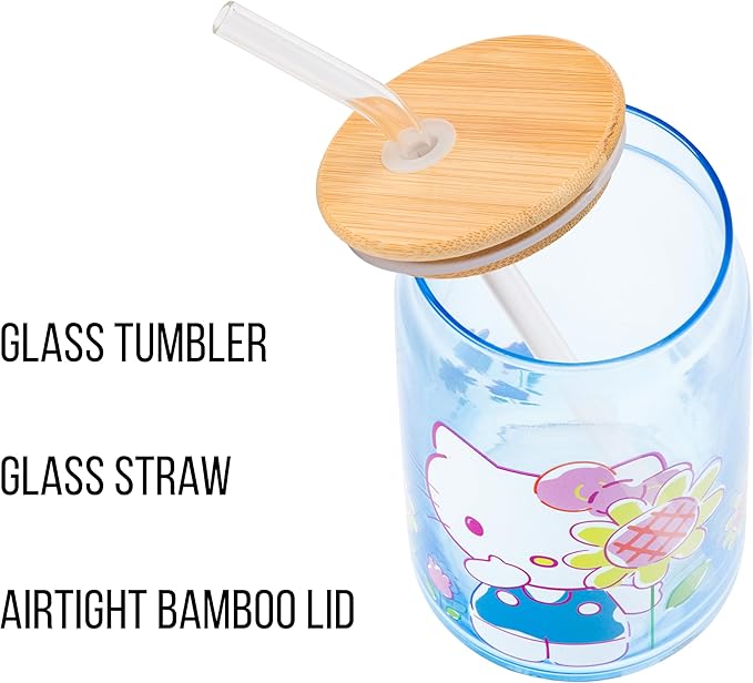 Silver Buffalo Sanrio Hello Kitty Floral Glass Tumbler with Bamboo Lid and Glass Straw, 16 Ounces