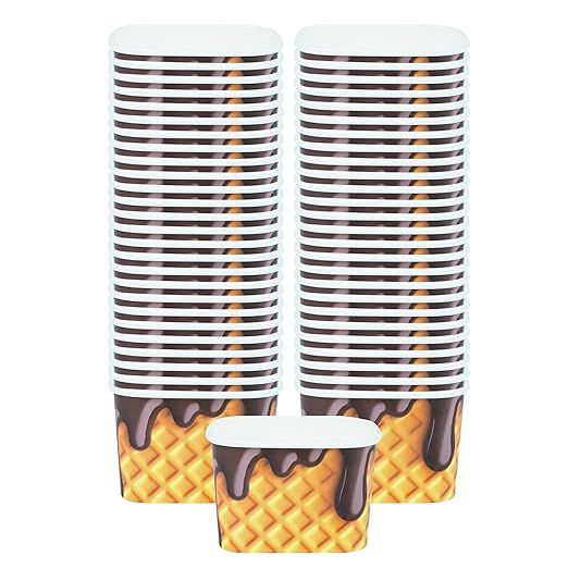 Restaurantware Paper Cups 200 Count 12 Ounce Square Disposable Ice Cream Containers, Leak-Resistant Paper Dessert To Go Cups, Hot And Cold Food, Durable Chocolate Drizzle Design