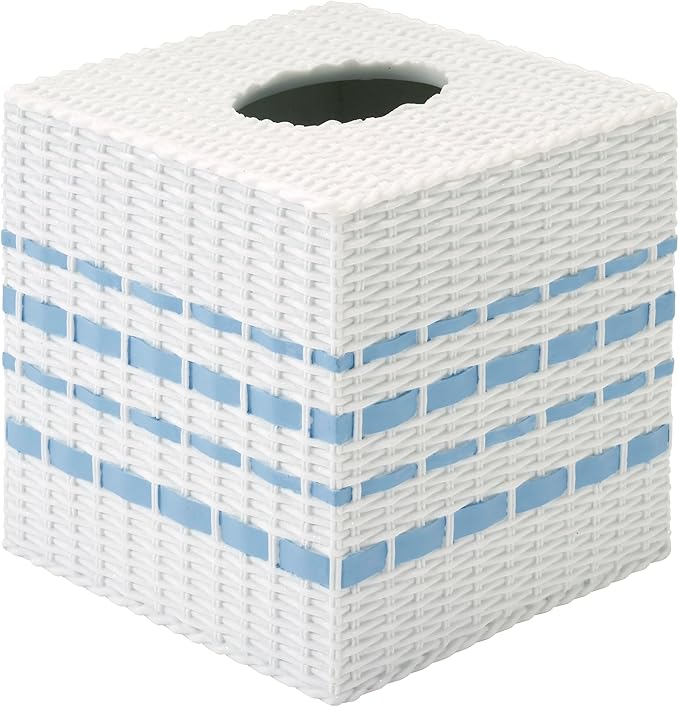 Izod – Tissue Box Cover, Wicker-Textured Hand-Painted Resin with Stripe Detail, Coastal Home Decor – Perfect for Bathrooms, Bedrooms, Kitchens or Offices (Savannah)