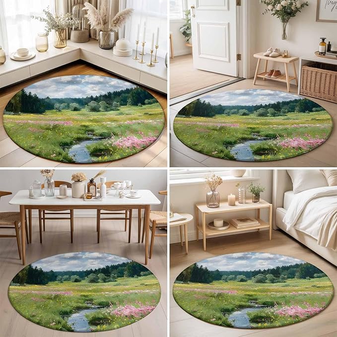 Washable Round Area Rug Watercolor Flowers Leaves Forest Meadow Circle Rugs Floor Carpet for Living Room Bedroom, Oil Paint Texture Soft Non Slip Round Rug 5ft