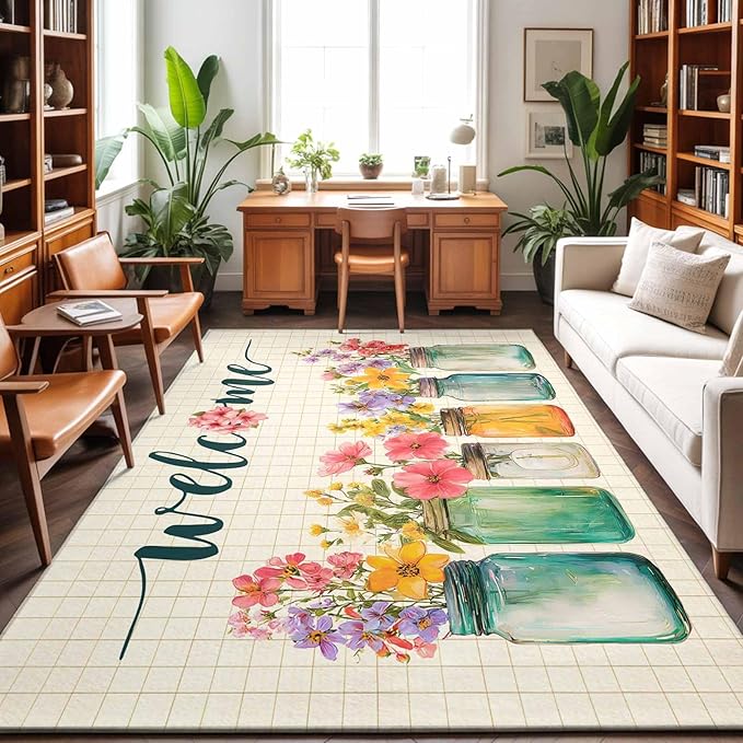 Area Rug 3x5ft, Summer Pastoral Flower Buffalo Plaid Washable Rugs for Living Room Bedroom, Rustic Blossom Floral Soft Non-Slip Area Rugs Rectangle Floor Carpet for Dining Room