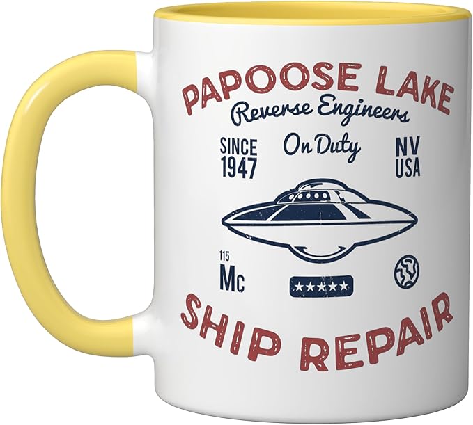Flying Saucer Papoose Lake Ship Repair Funny UFO Ceramic Mug, Yellow/White