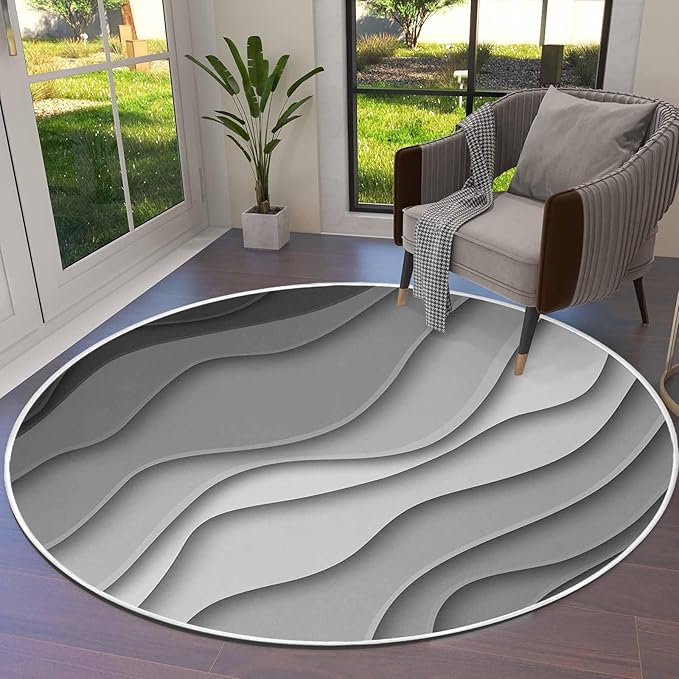 Round Area Rug,Gray Stripe Gradient Color Block Water Ripple Circle Living Room Rug Non-Slip Rugs Indoor Carpet,Ombre Abstract Geometric Art Soft Comfort Rugs for Bedroom KidsRoom Nursery
