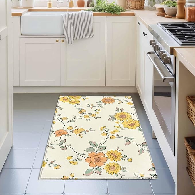 Area Rug 2x3ft, Orange Yellow Flowers Wild Vines Washable Rugs for Living Room Bedroom, Watercolor Floral Soft Non-Slip Area Rugs Rectangle Floor Carpet for Dining Room