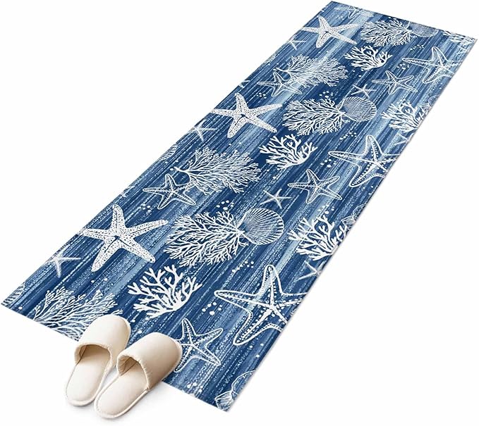 Navy Blue Coastal 2x6 Kitchen Runner Rug, Ocean Coral Starfish Non-Skid Rubber Backing Large Rectangle Rugs - Living Room Bedroom Home Office, Summer Beach Indoor Floor Mat Carpets Washable Rug