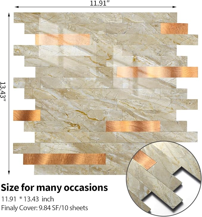 Yipscazo 5 Sheets Peel and Stick Stone Metal Tile Backsplash, Stick on Tiles for Backsplash Kitchen, Bathroom, Laundry Room, Camper, Fireplace (12'' X 12'', Polished Beige)