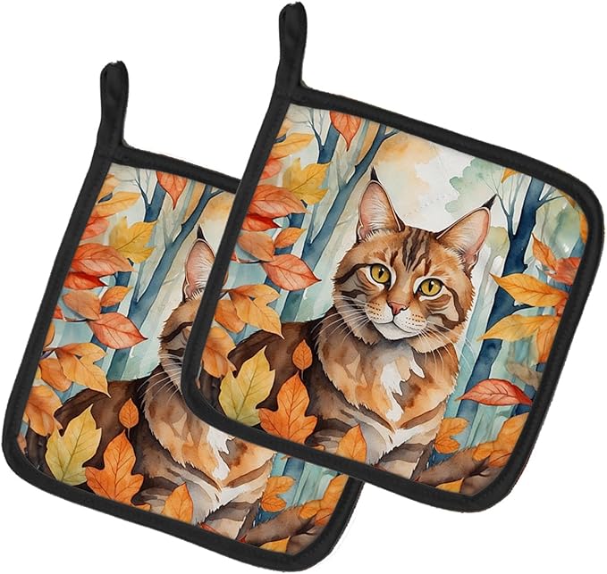 Caroline's Treasures Sokoke Cat in Fall Leaves Pair of Pot Holders Kitchen Heat Resistant Pot Holders Sets Oven Hot Pads for Cooking Baking BBQ, 7 1/2 x 7 1/2