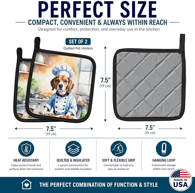 Caroline's Treasures Beagle The Chef Pair of Pot Holders Kitchen Heat Resistant Pot Holders Sets Oven Hot Pads for Cooking Baking BBQ, 7 1/2 x 7 1/2