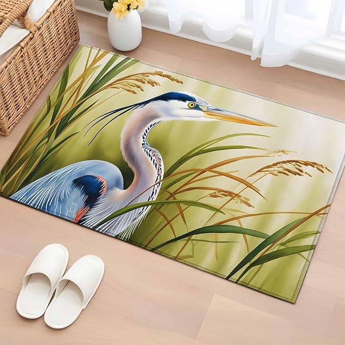 Area Rug 2x3ft, Natural Bird Wetland Landscape Washable Rugs for Living Room Bedroom, Wild Heron Grass Soft Non-Slip Area Rugs Rectangle Floor Carpet for Dining Room