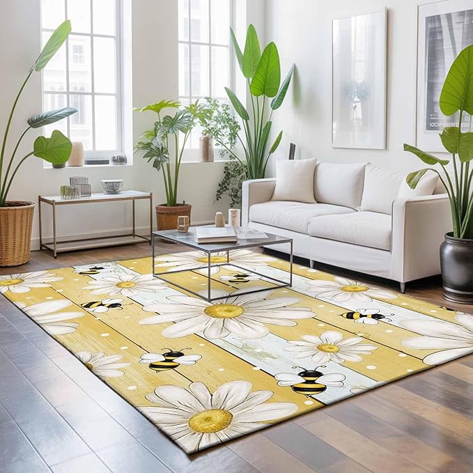 Area Rug 4x6ft, Summer Rustic Daisy Flower Bee Washable Rugs for Living Room Bedroom, Blossom Floral Yellow Wooden Soft Non-Slip Area Rugs Rectangle Floor Carpet for Dining Room